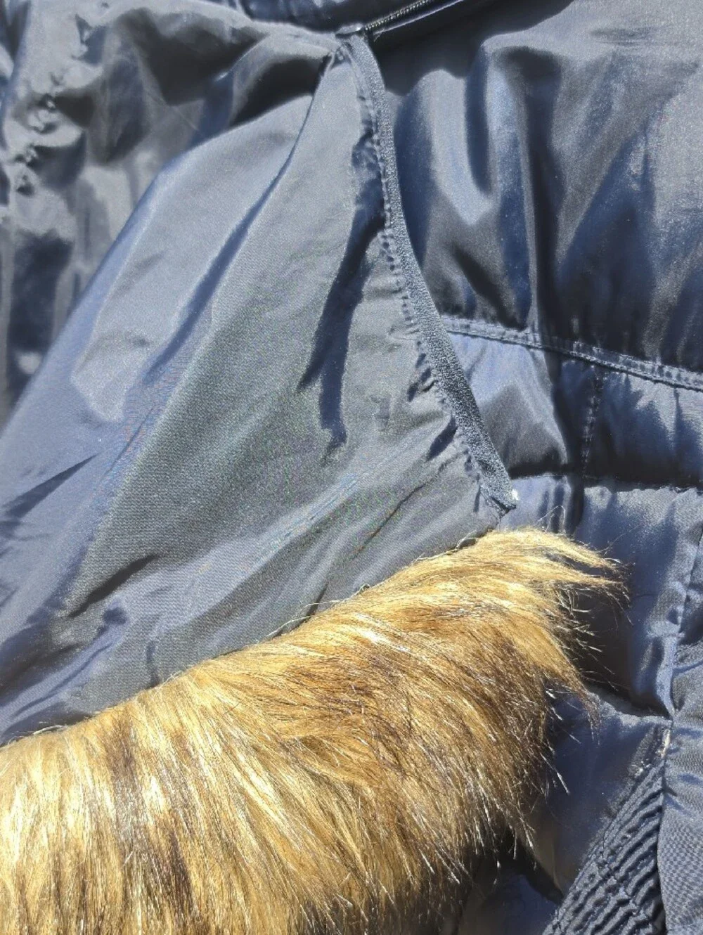Michael Kors Navy Quilted Long Puffer Coat with Faux Fur Hood Trim